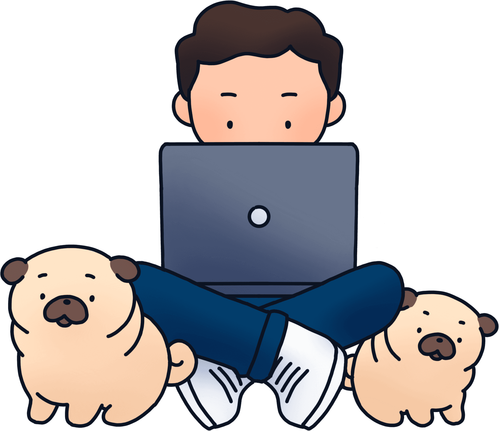 Chris and his pugs working on his laptop