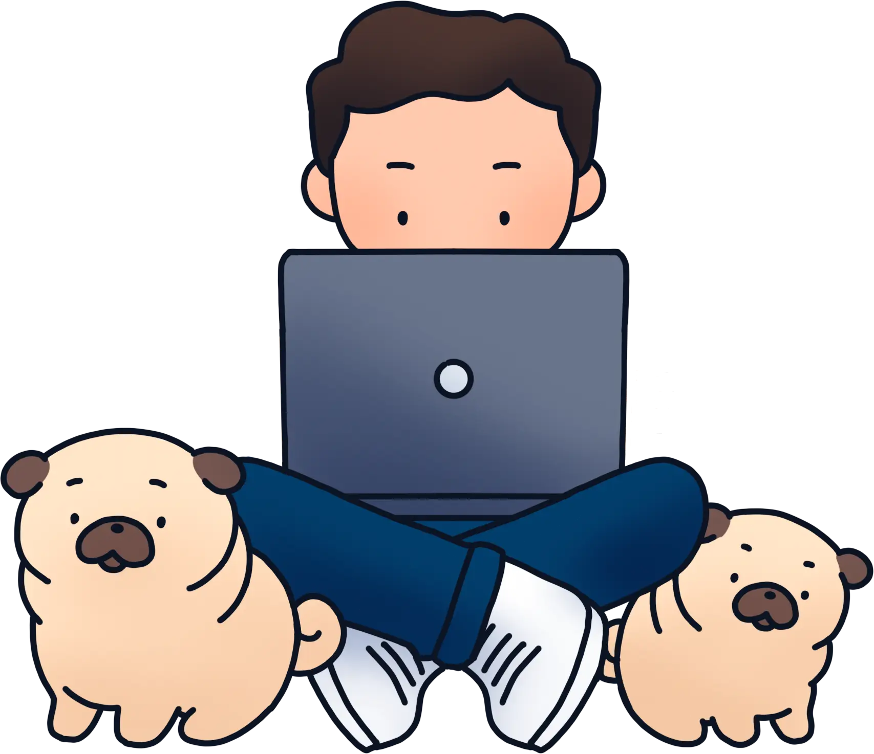 Chris and his pugs working on his laptop